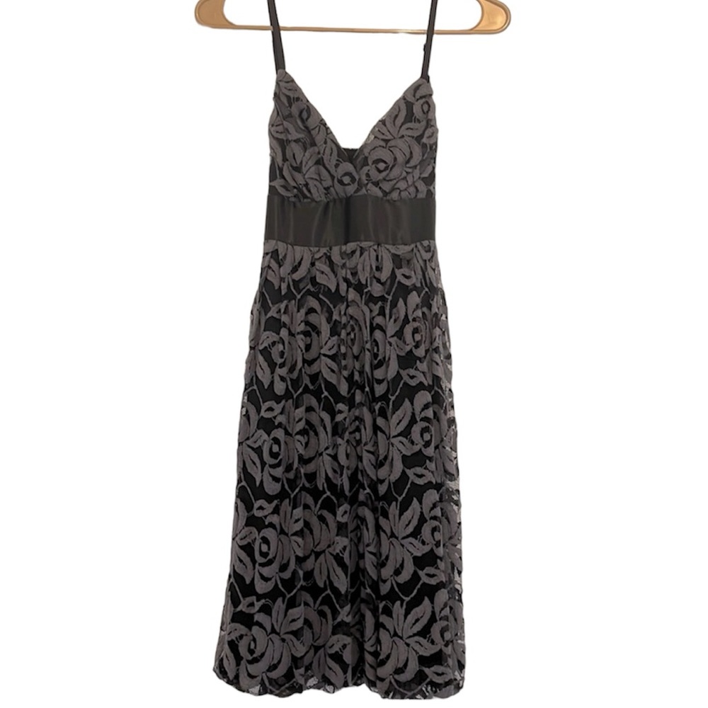 Aqua Gray and Black Dress with Floral Overlay and Tie Waist